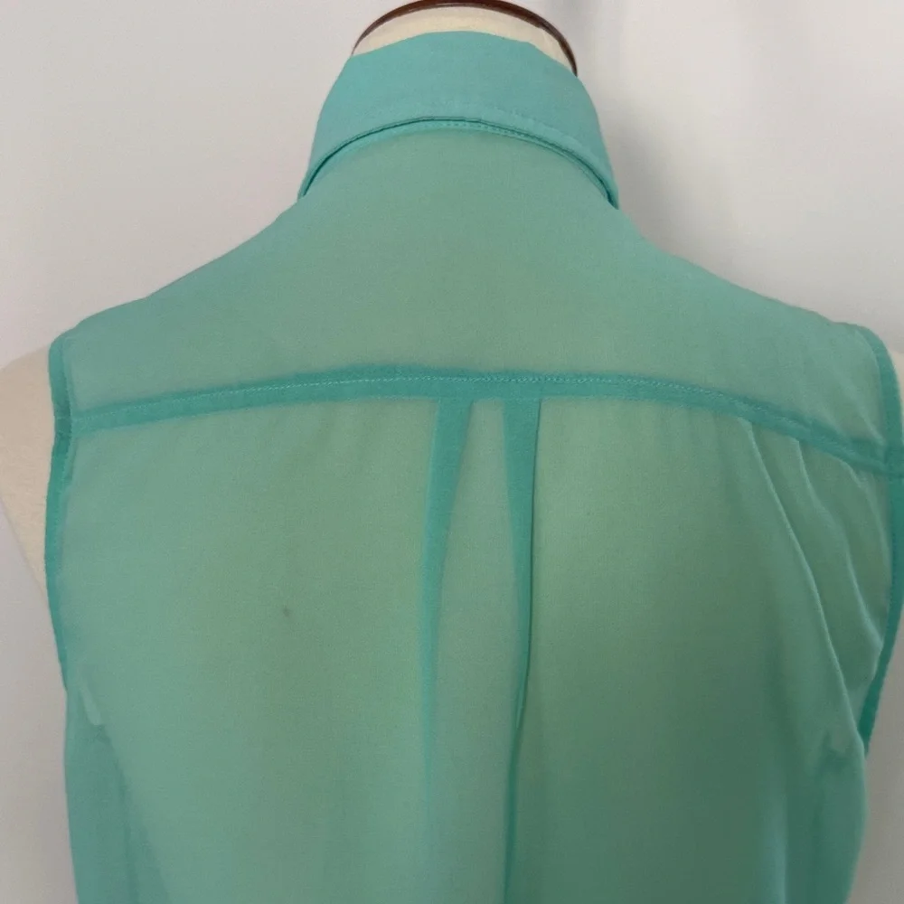 Cotton Candy Sleeveless Sheer Button-Front Blouse in Aqua Green - Picture 5 of 6